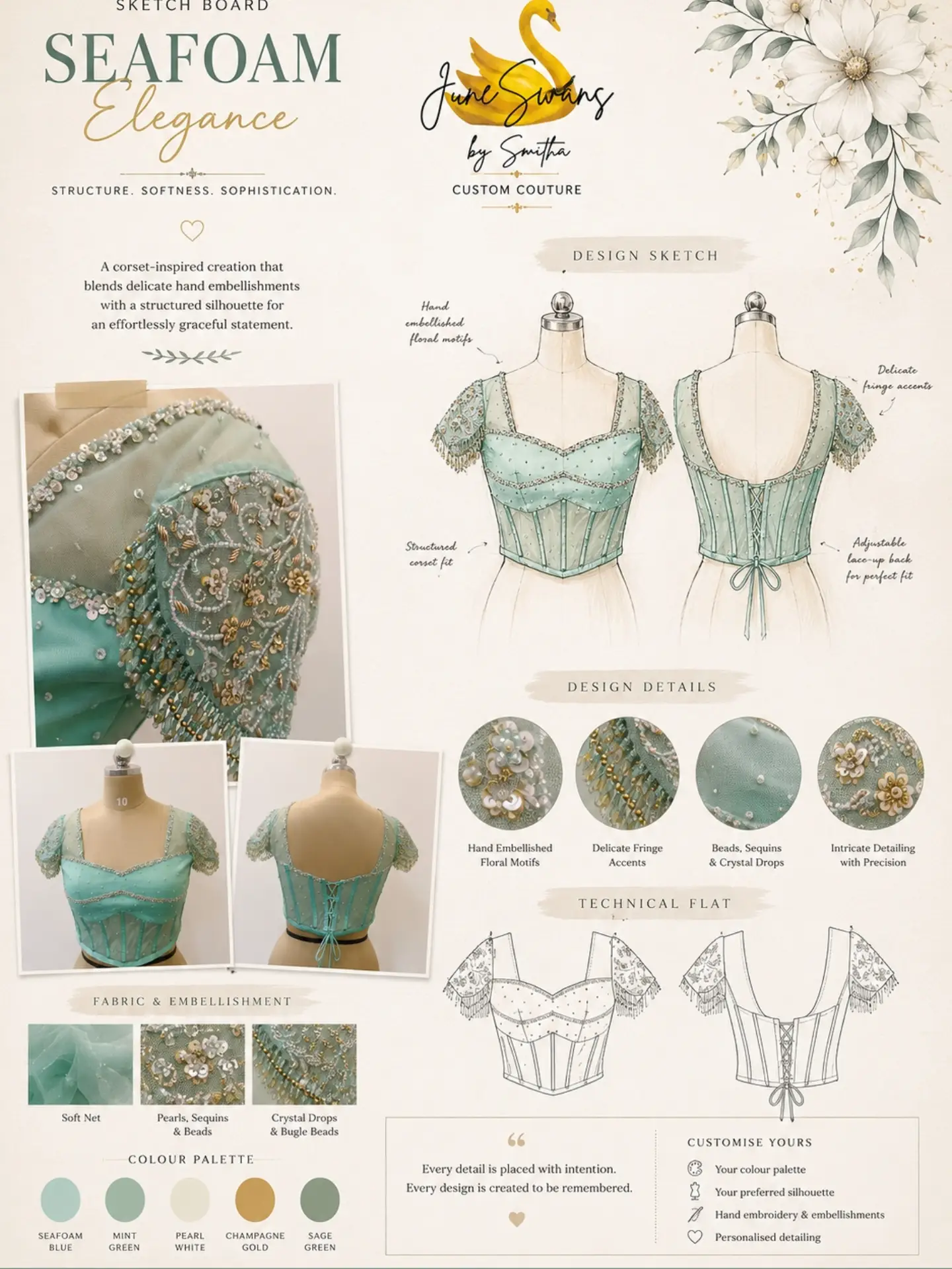 Corset-inspired silhouette in dreamy seafoam blue with hand embellishments